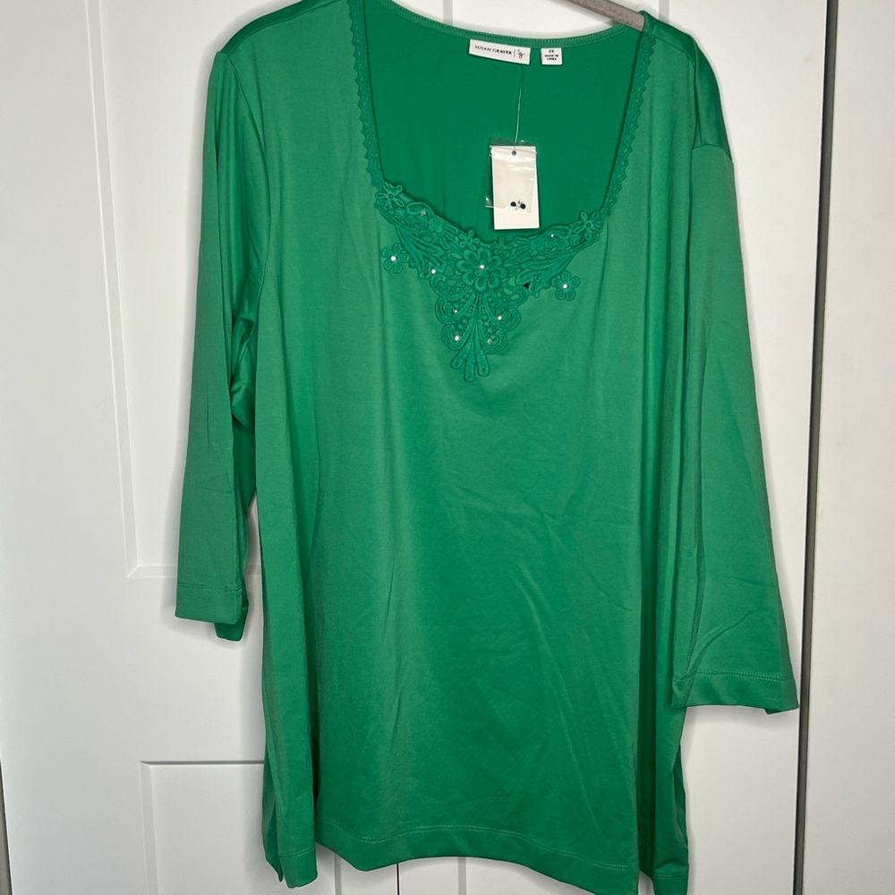 Susan Graver NWT Bud Green Square Neck Sequin Embroidered Top Plus Size 2X